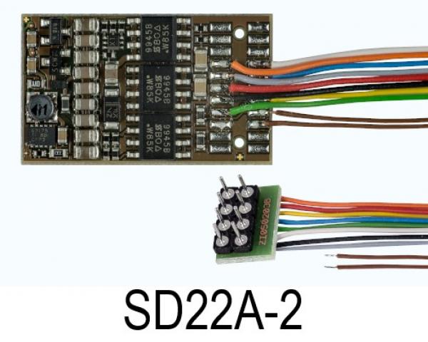 D&H SD22A-2 (2. Generation), Fahr + Sounddecoder, mit Anschlusskabel für NEM 652, SX1, SX2, DCC und MM, 2,0A, 8 Ausgänge, über 100 Sounds zur Auswahl